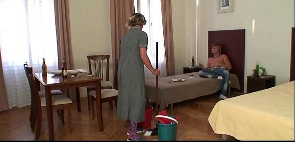  Old cleaning woman takes his horny cock from behind